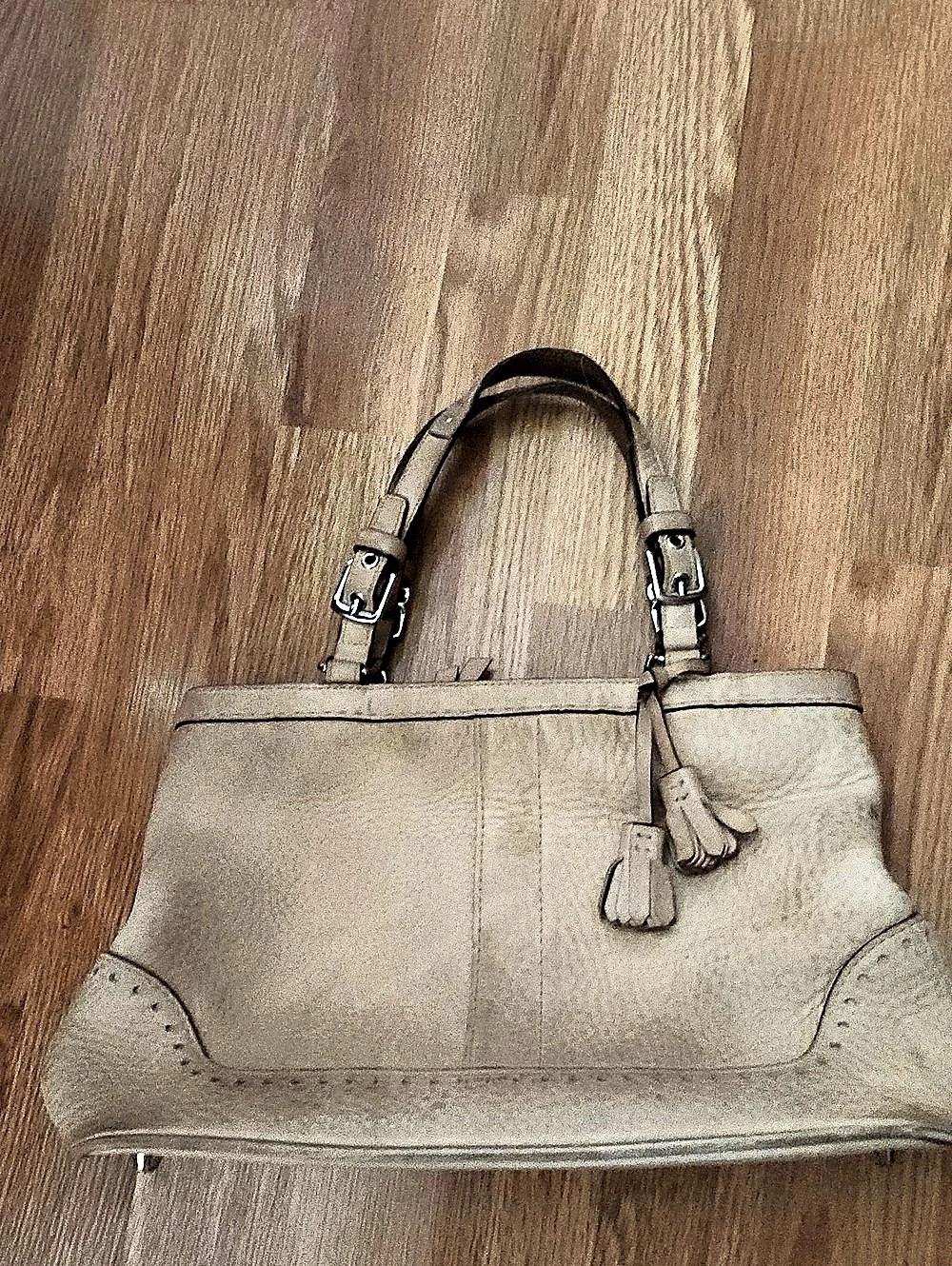 Coach Hamptons Pebbled Leather Tassel Satchel Gray Shoulder Bag
